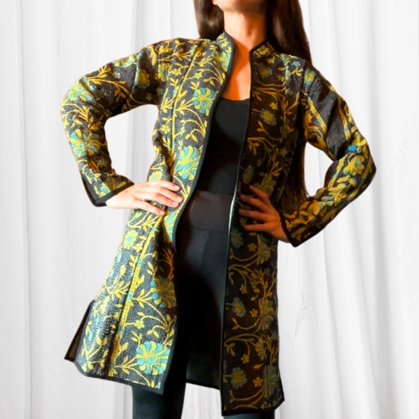 Kantha Coat - in Dark Blue with Green Vines In SMALL