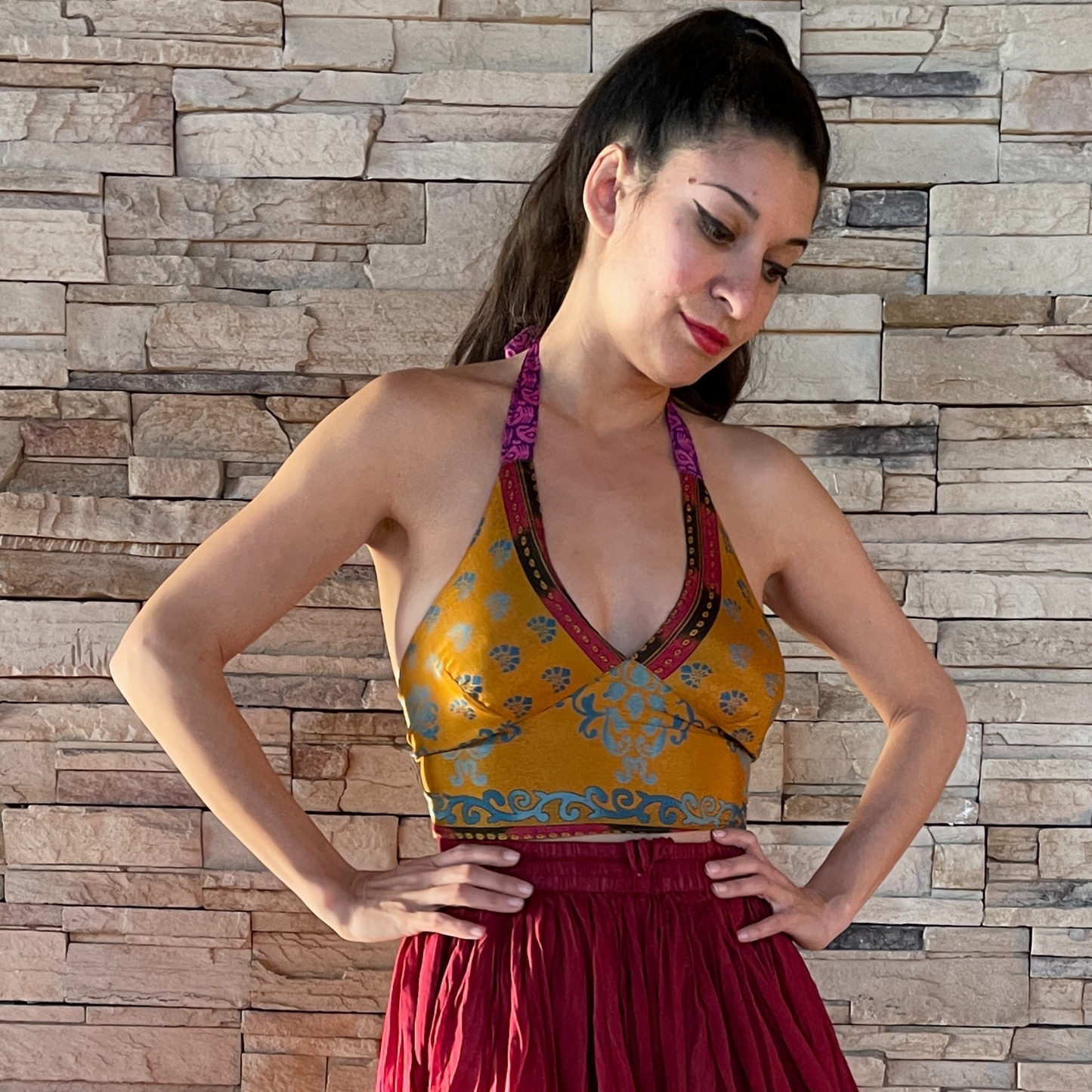 The Reversible Sari Halter Top - in Gold/Purple