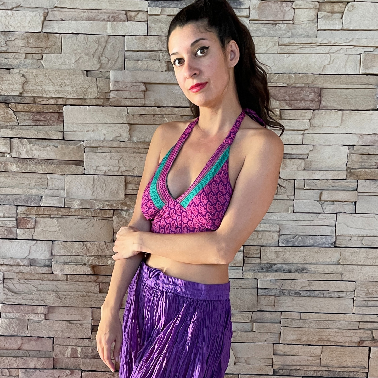 The Reversible Sari Halter Top - in Gold/Purple