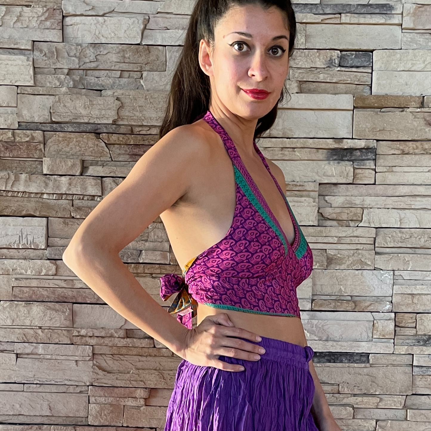 The Reversible Sari Halter Top - in Gold/Purple