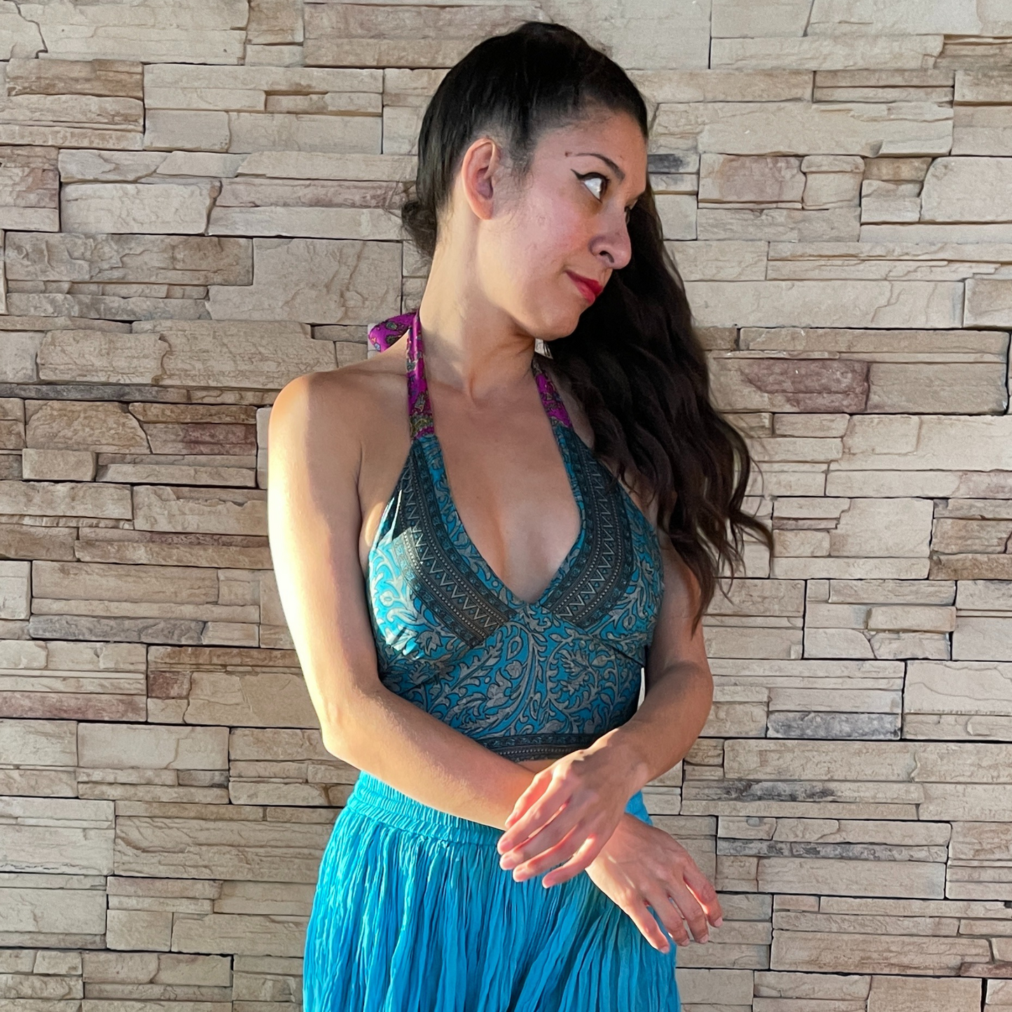 The Reversible Sari Halter Top - In Pink/Turquoise