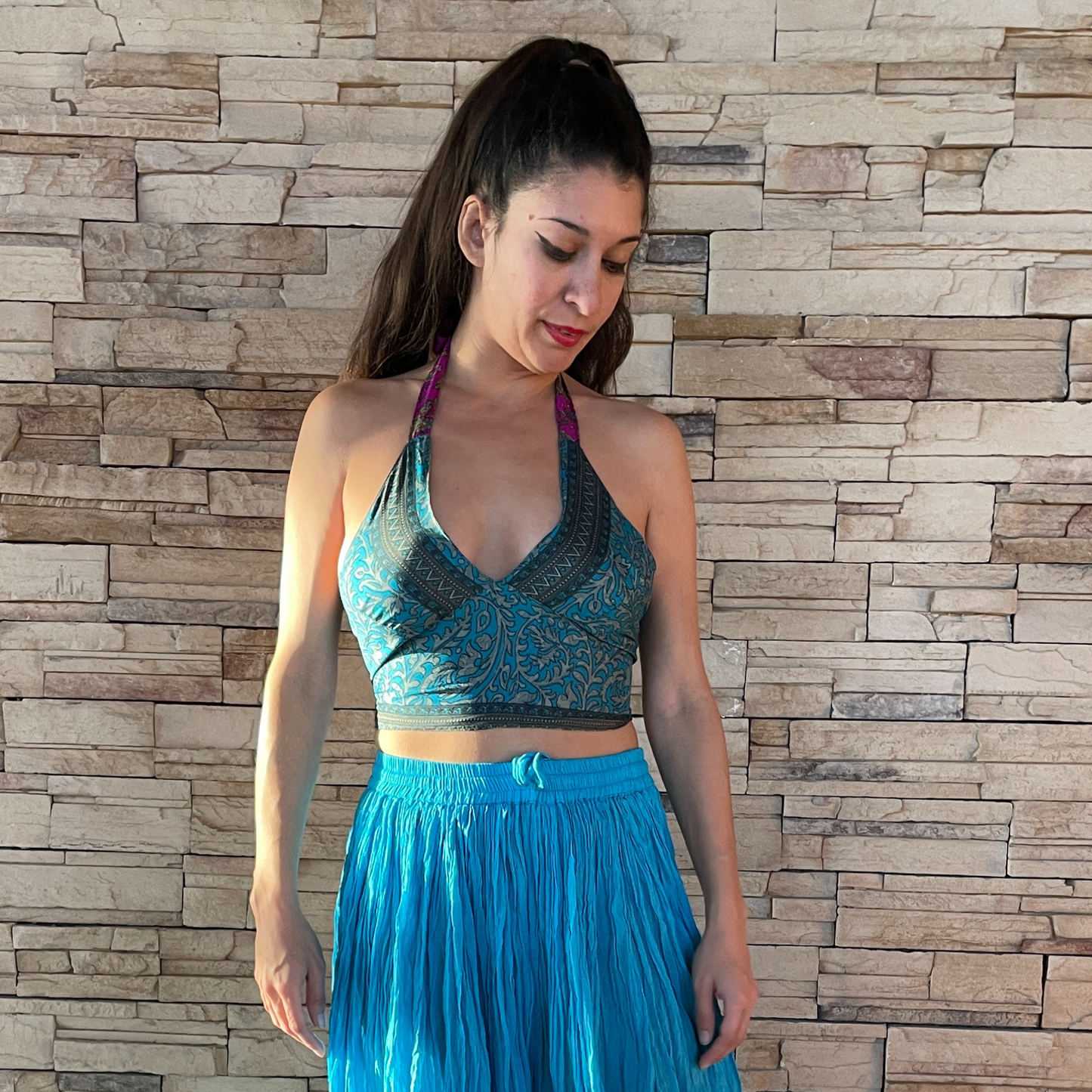 The Reversible Sari Halter Top - In Pink/Turquoise