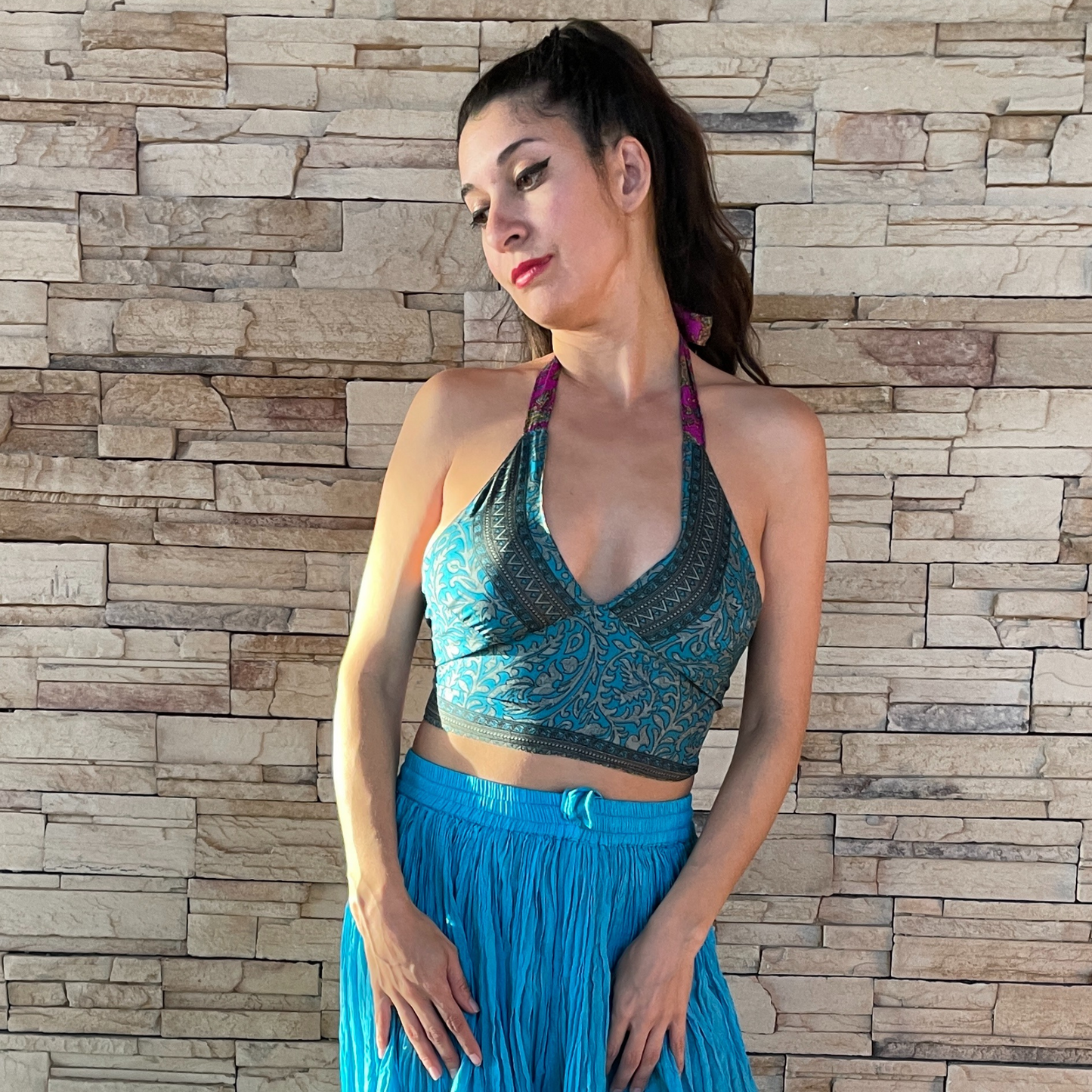 The Reversible Sari Halter Top - In Pink/Turquoise