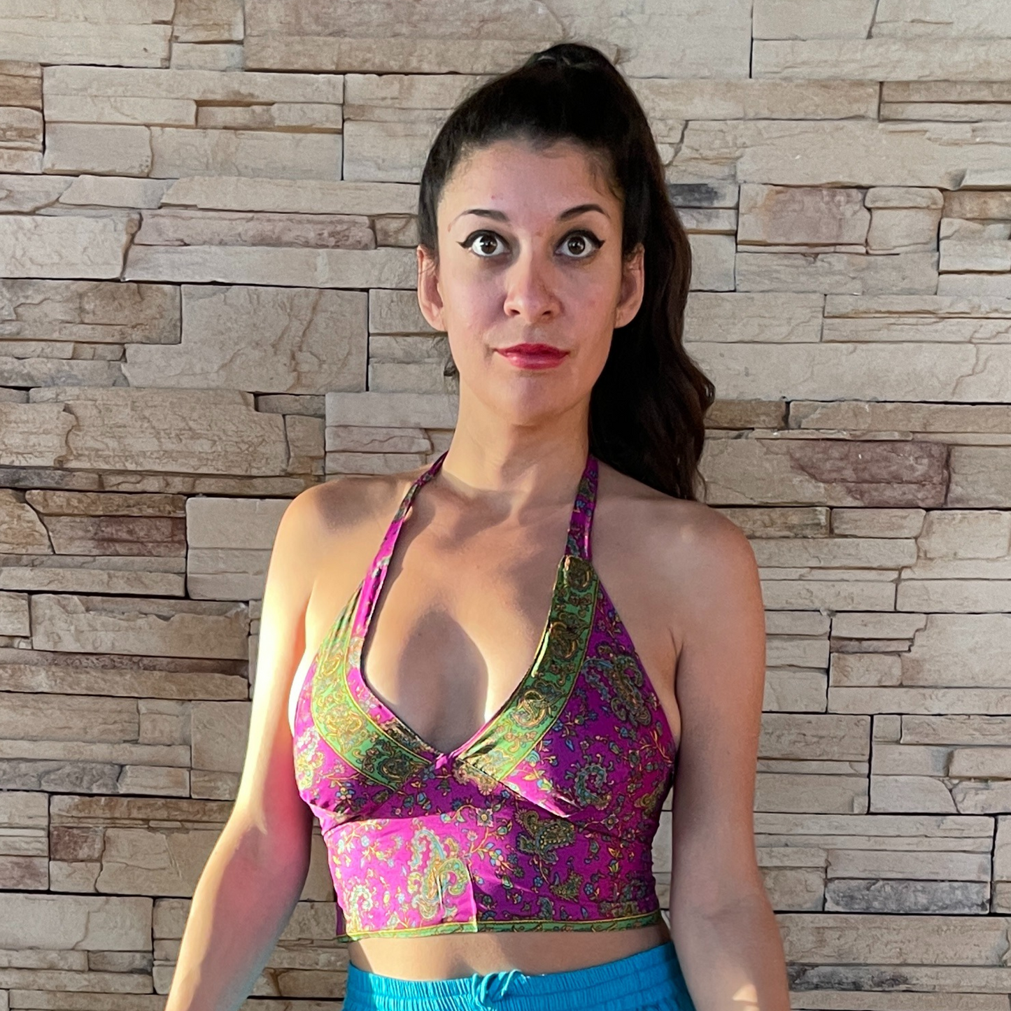 The Reversible Sari Halter Top - In Pink/Turquoise