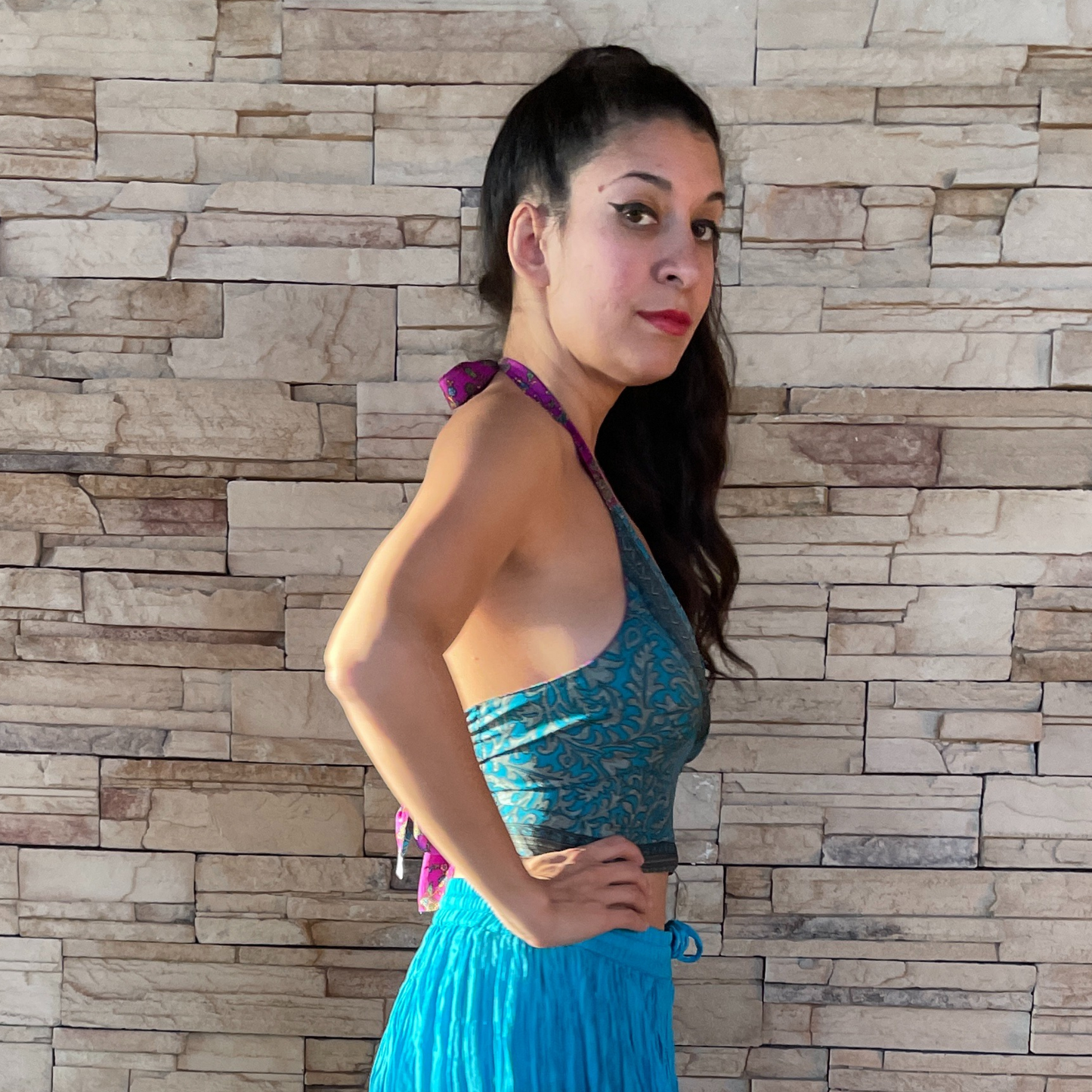 The Reversible Sari Halter Top - In Pink/Turquoise