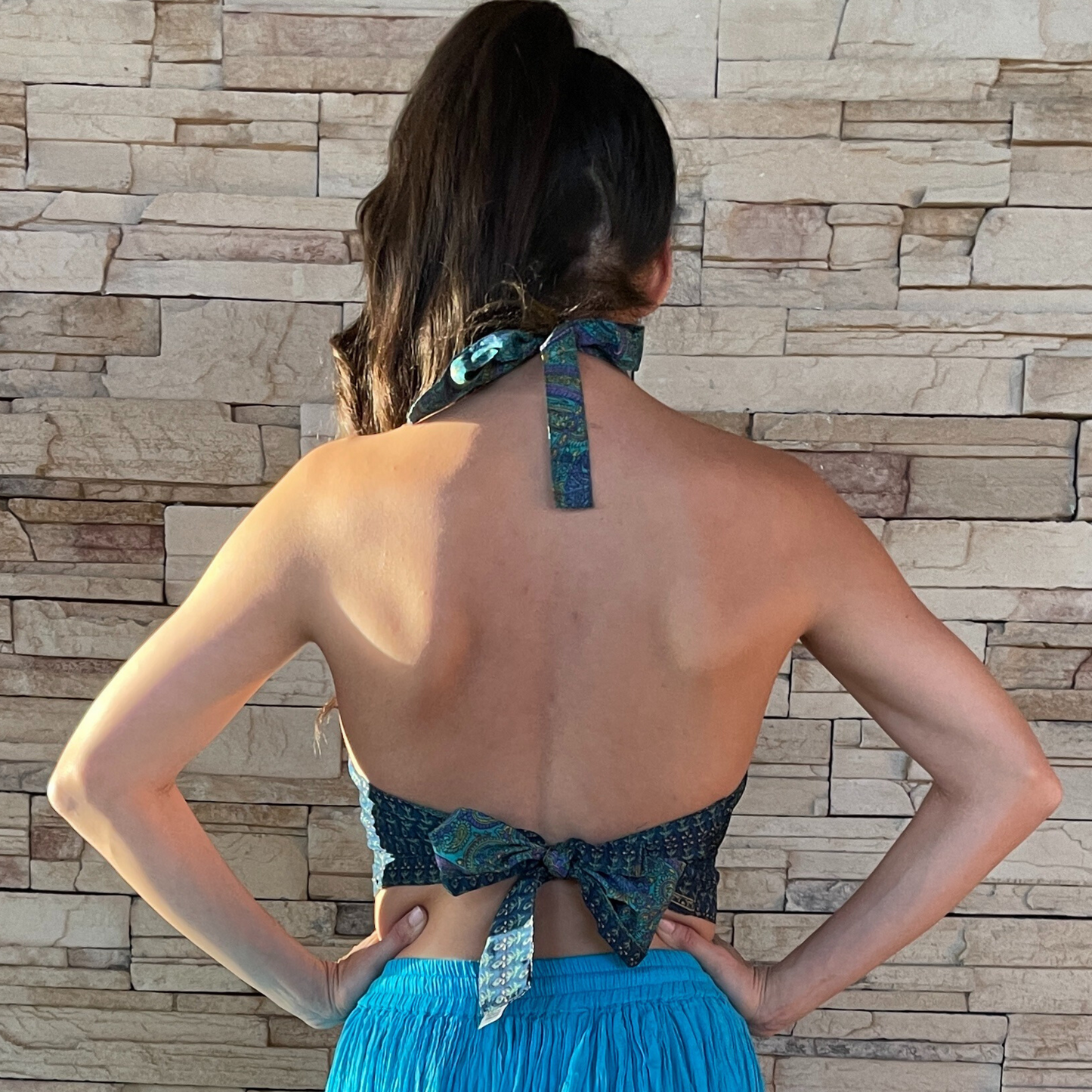 The Reversible Sari Halter Top - In Turquoise/Deep Green