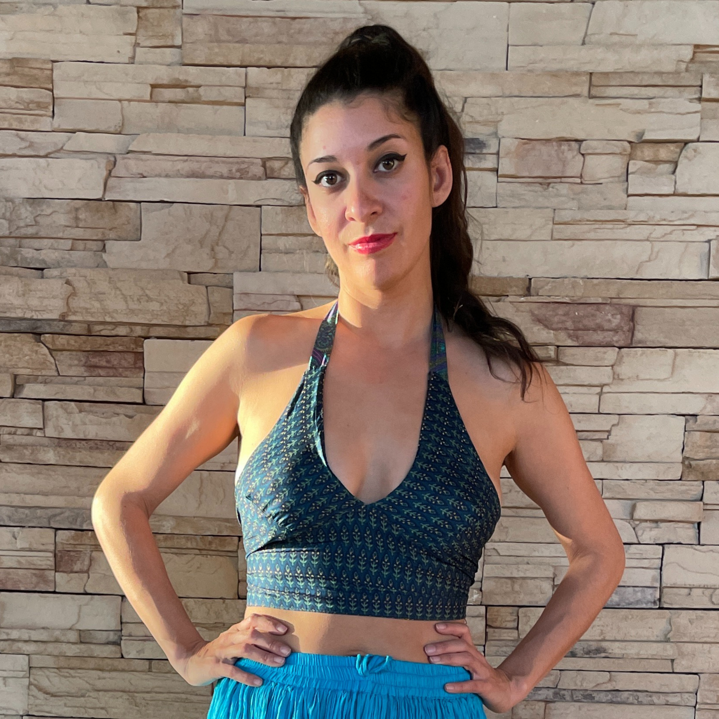 The Reversible Sari Halter Top - In Turquoise/Deep Green