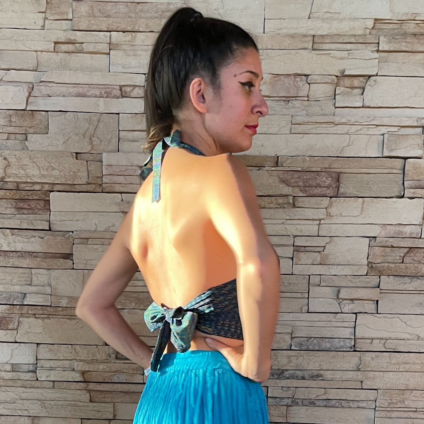 The Reversible Sari Halter Top - In Turquoise/Deep Green