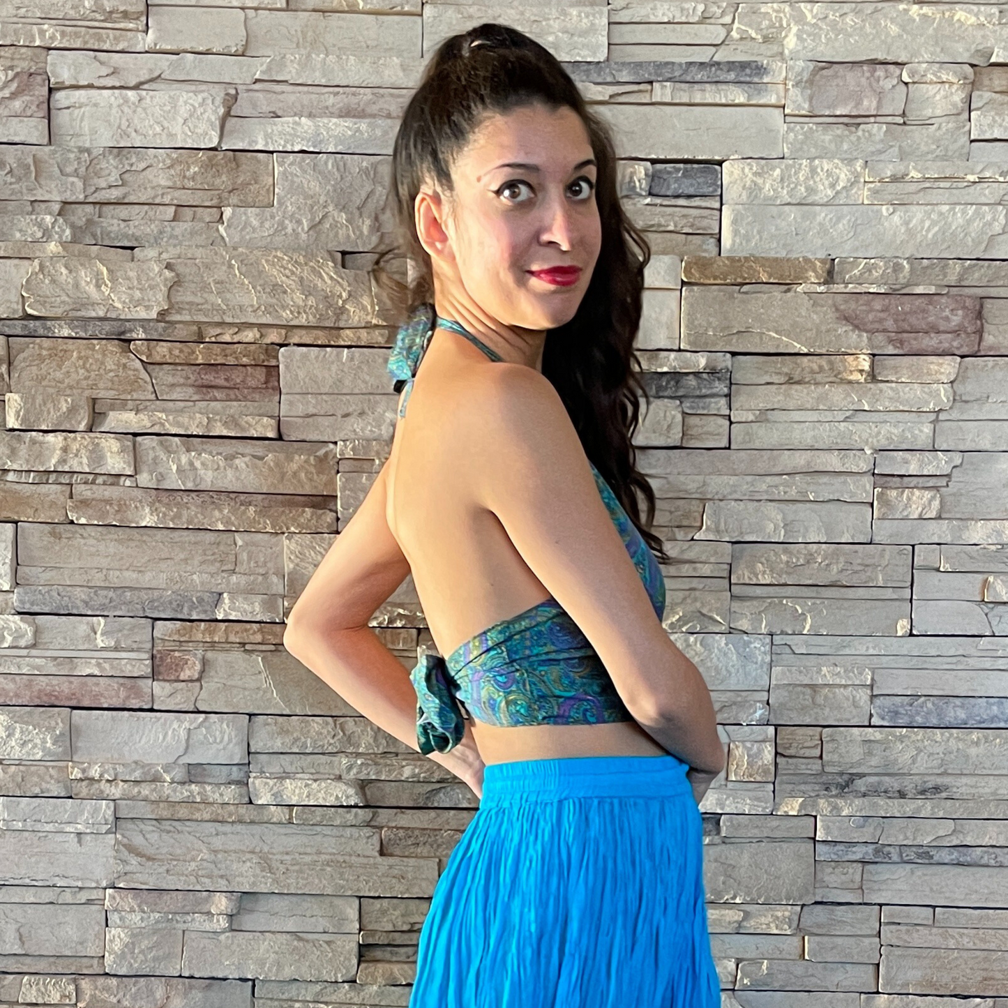 The Reversible Sari Halter Top - In Turquoise/Deep Green