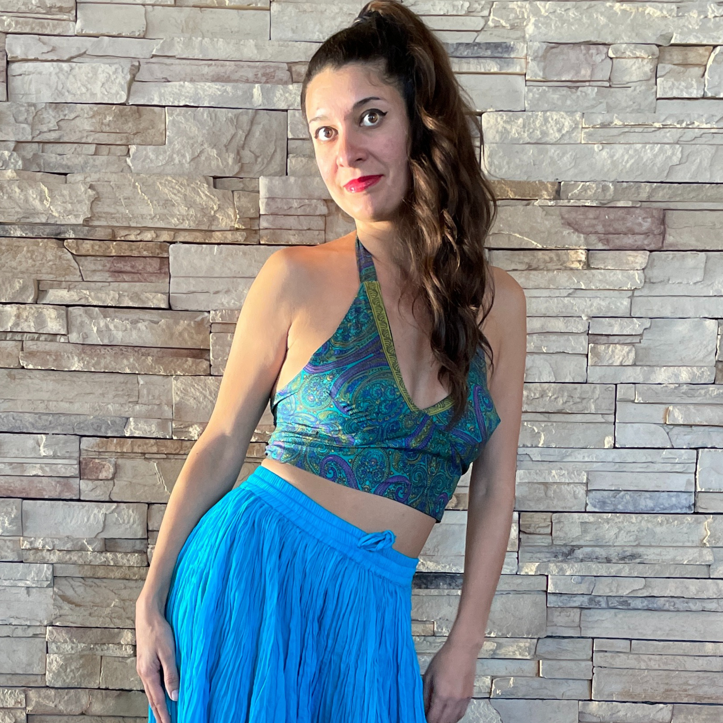 The Reversible Sari Halter Top - In Turquoise/Deep Green