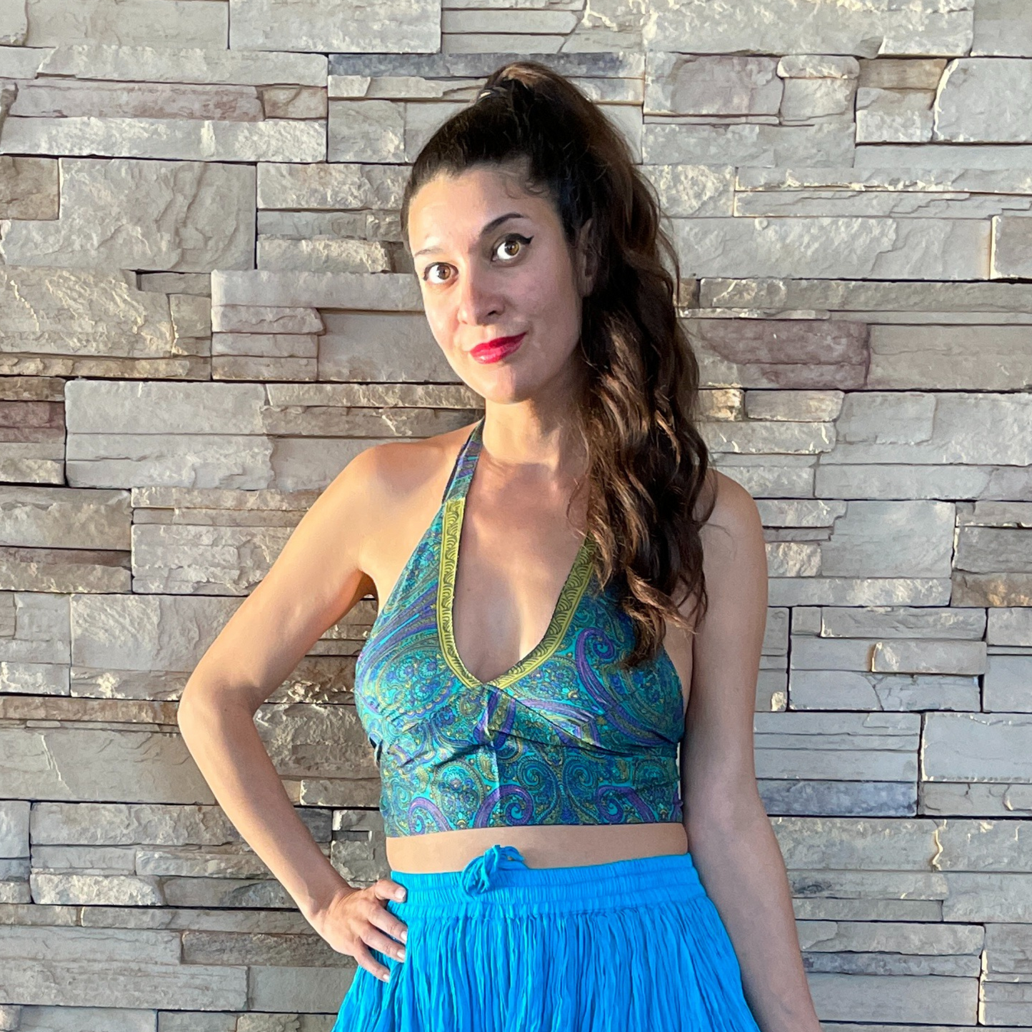 The Reversible Sari Halter Top - In Turquoise/Deep Green