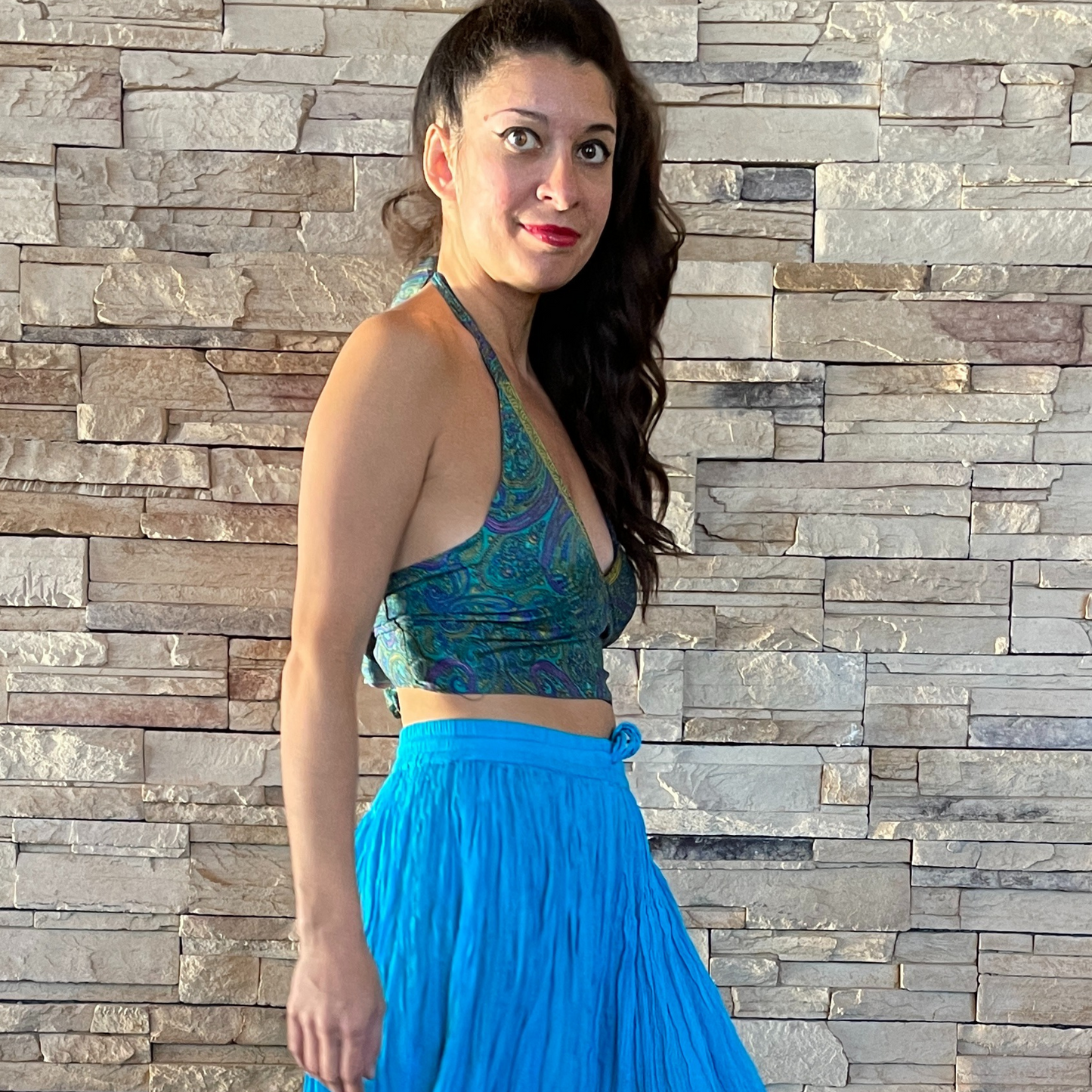 The Reversible Sari Halter Top - In Turquoise/Deep Green