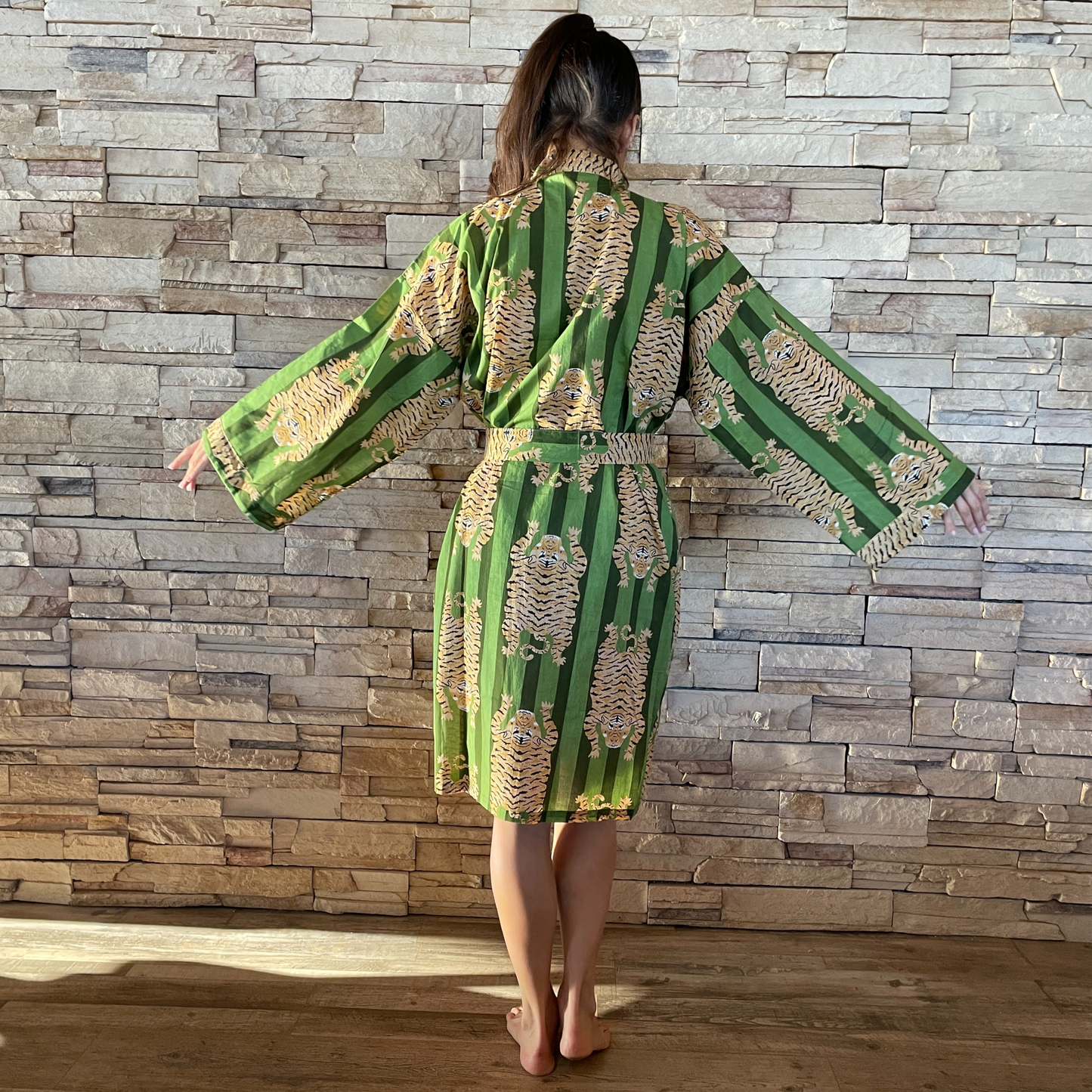 Tibetan Tiger Print Kimono - In Green