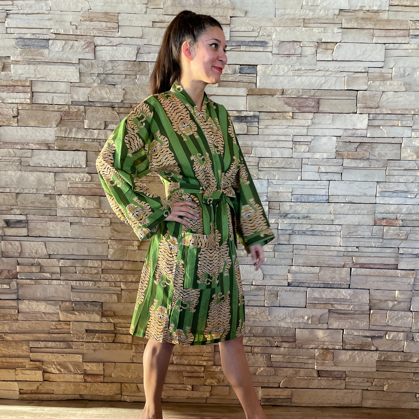 Tibetan Tiger Print Kimono - In Green