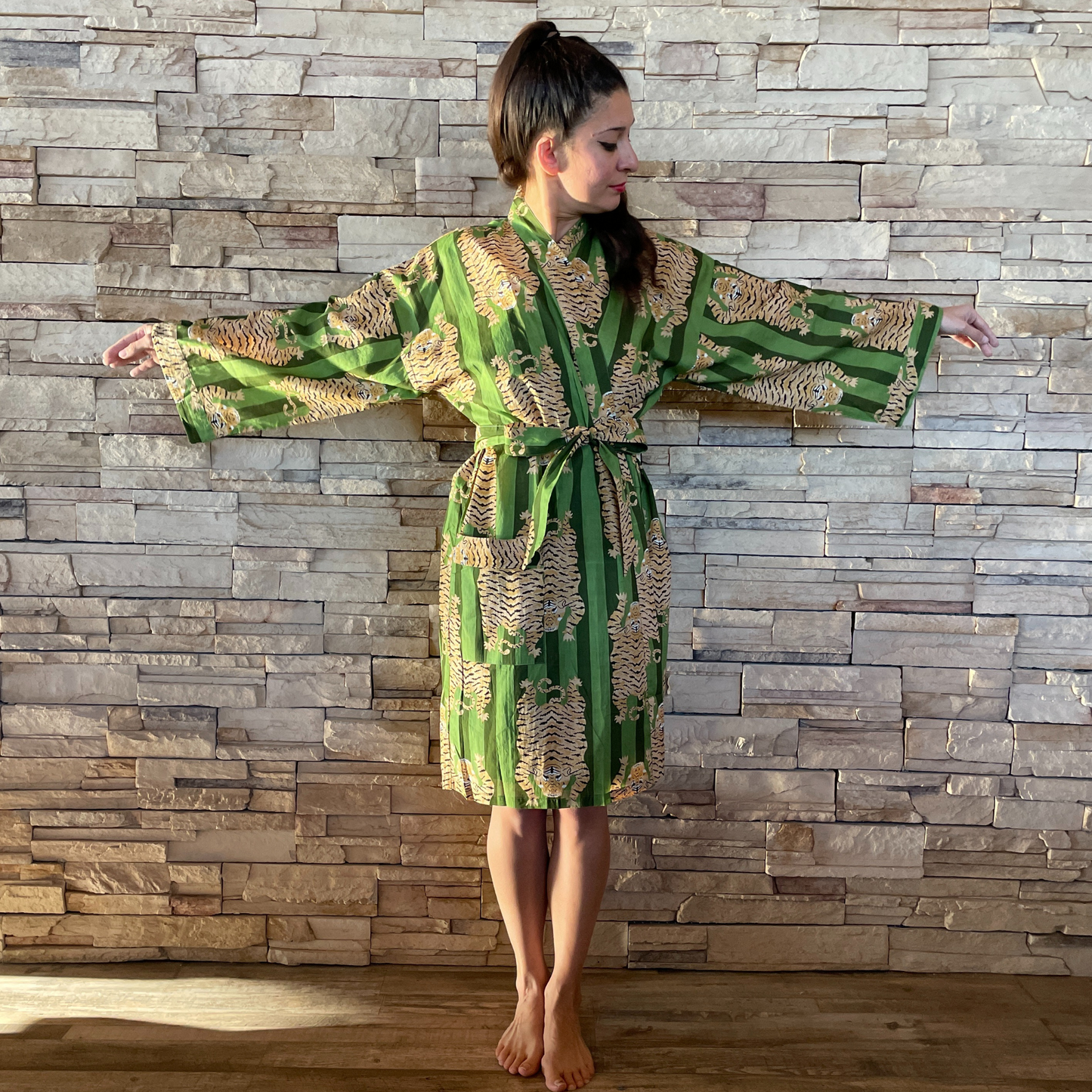 Tibetan Tiger Print Kimono - In Green