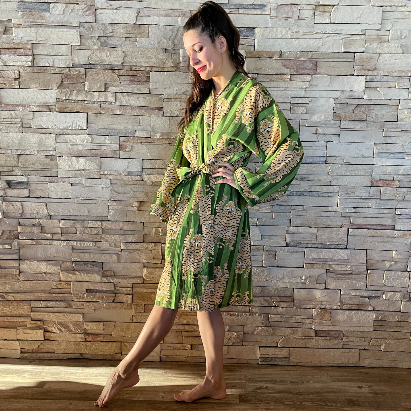 Tibetan Tiger Print Kimono - In Green