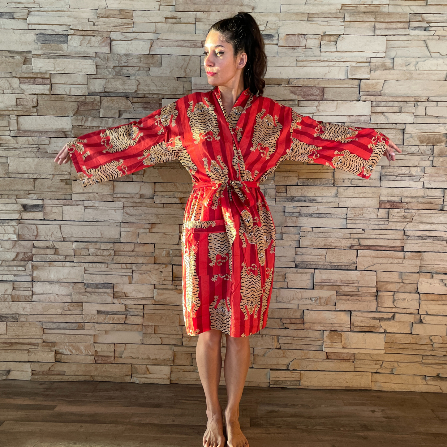 Tibetan Tiger Print Kimono - In Red